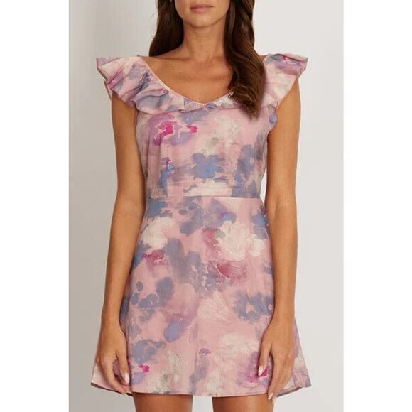 Wildfox Blair Dress Women L Large Soft Abstract Watercolor Ruffled V Neck A Line - Picture 12 of 14